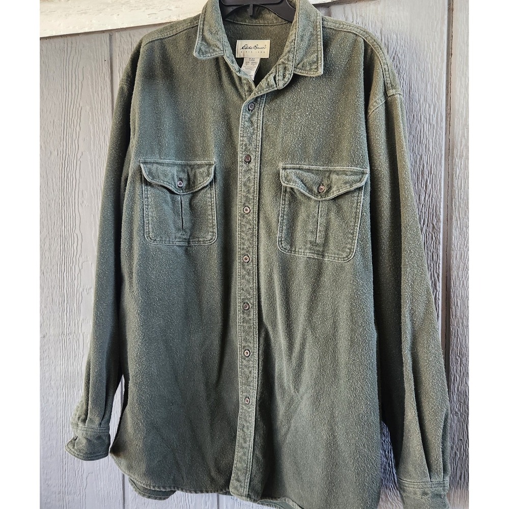 Vtg Eddie Bauer Chamois Shirt Mens XL Tall Green Brushed Cotton Button Up Field